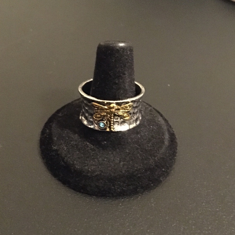 Two-Tone Dragonfly Accent Silver Tone Ring with Blue Rhinestone Crystal
